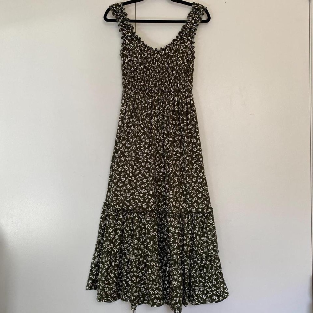UO Sage Green Floral Tiered Midi Dress